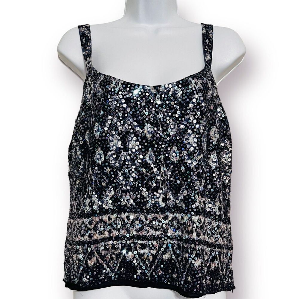 Lafayette 148 Viscose Linen Shell Tank Camisole Top Sequins Sz 10 Blue Side Zip